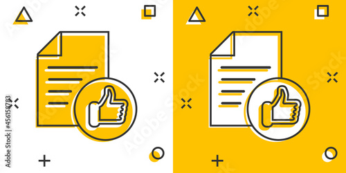 Approved document icon in comic style. Authorize cartoon vector illustration on white isolated background. Agreement check mark splash effect business concept.