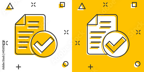 Approved document icon in comic style. Authorize cartoon vector illustration on white isolated background. Agreement check mark splash effect business concept.