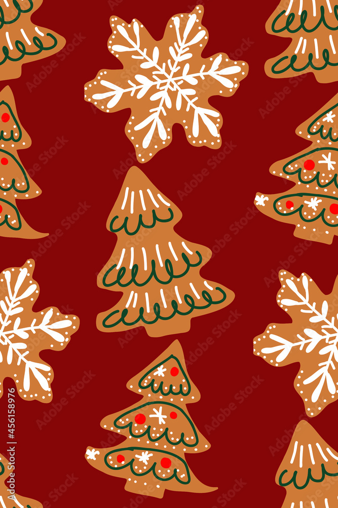 Christmas seamless pattern with cookies, Christmas tree, ginger man and snowflakes