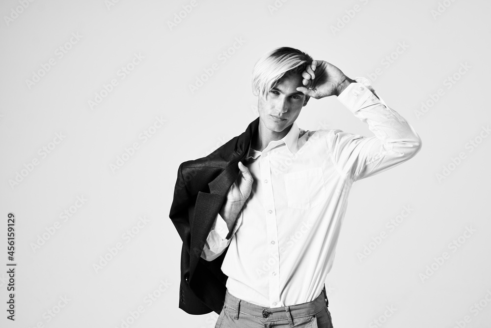 man with fashionable hairstyle in white shirt jacket modern lifestyle man with fashionable hairstyle in white shirt jacket modern lifestyle