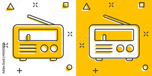 Radio icon in comic style. Fm broadcast cartoon vector illustration on white isolated background. Radiocast splash effect business concept.