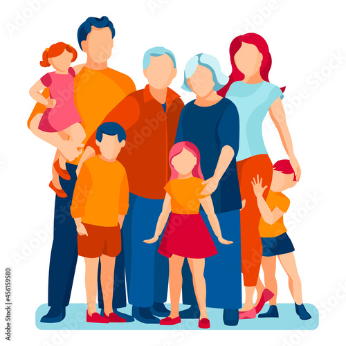 Flat Vector concept of happy family. Kids parents and grandparents are together.Illustration isolated on white background.