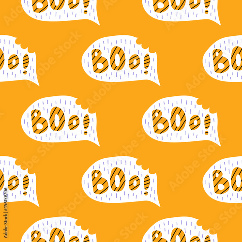 Cute frighten boo comic bubble vector halloween seamless pattern on an orange background