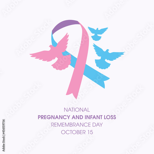 National Pregnancy and Infant Loss Remembrance Day vector. Pink-blue ribbon with dove bird icon vector. Remembrance day for miscarriage and pregnancy loss vector. October 15. Important day