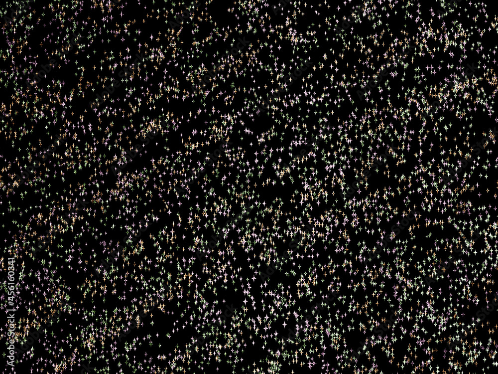 Golden, pink and green sparkles, stars and rhombus on black background. Modern illustration for wallpaper, cover Golden, pink and green sparkles, stars and rhombus on black background. Modern illustration for wallpaper, cover
