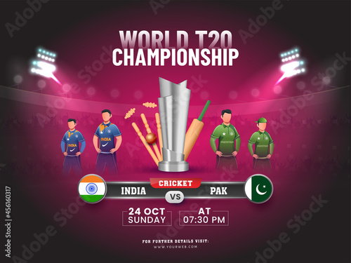 World T20 Championship Concept With 3D Cricket Equipment, Silver Trophy Cup Of Participate Team India VS Pakistan On Stadium Background.