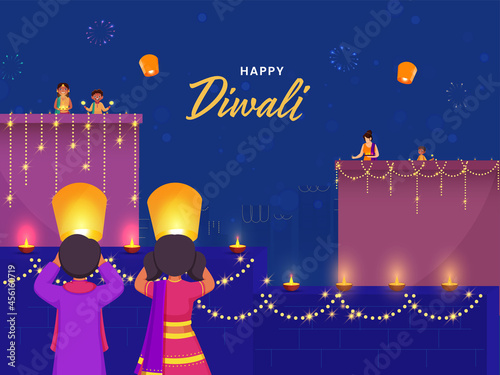Happy Diwali Celebration Background With Indian People Enjoying Or Celebrating Festival Of Lights.