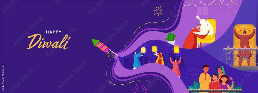 Indian People Celebrating Diwali Festival With Firecrackers On Purple Background. Indian People Celebrating Diwali Festival With Firecrackers On Purple Background.
