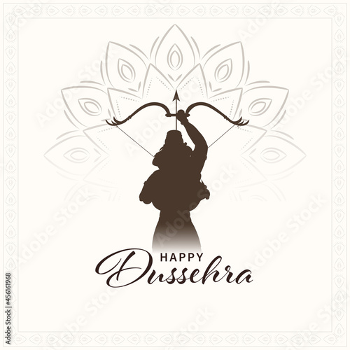 Happy Dussehra Celebration Concept With Silhouette Lord Rama Or Lakshmana Taking Aim On Mandala Pattern White Background.