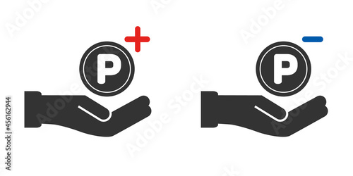 +-付きポイントコインと手のアイコンセット - 白黒・白バック：ポイントプログラムのルール素材