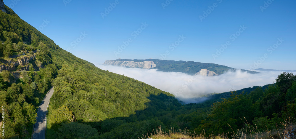 Sierra de Urbasa and Alsasua town at the background under the fog