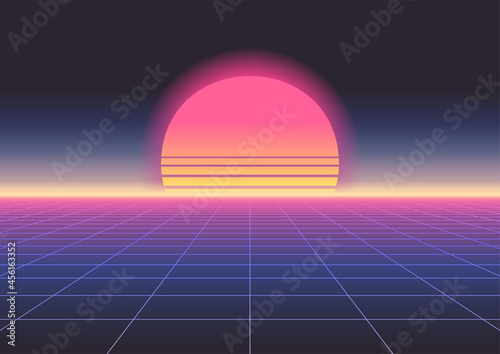 Sun, sunset, sunrise. Retrowave, synthwave, rave, vapor wave, cyberpunk party background. Light grid landscape. Retro, vintage 1980s, 1990s. Black, purple, pink, blue neon colors. Banner, print