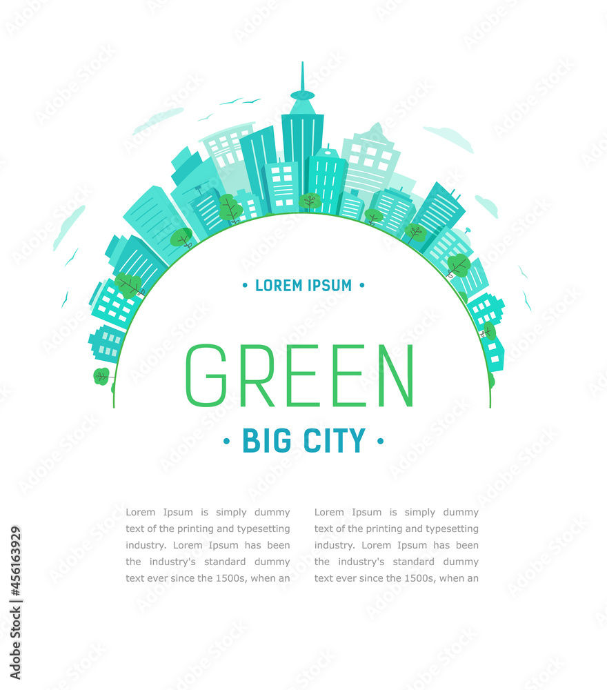 Concept green city. Round Panorama of city buildings with copy space.