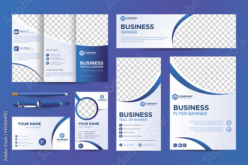 Elegant Abstract Blue Business Stationery Template set for Company Brand. Trifold brochure, Web banner, Roll up banner, Flyer, Business Card, Name Card, Id. Corporate printable layout with CMYK design