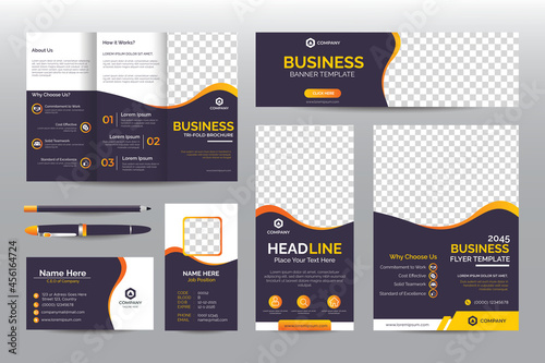 Elegant Black and Orange Business Stationery Template set for Company Brand. Trifold brochure, Web banner, Roll up banner, Flyer, Business Card, Name Card, Id. Corporate printable layout with CMYK des