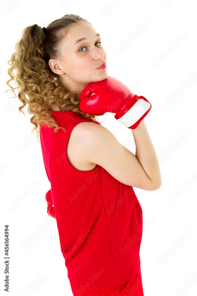 Portrait of girl in red boxing gloves ready fight Portrait of girl in red boxing gloves ready fight