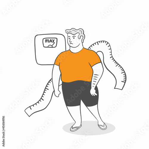 fat man with scale and measurement line illustration with hand drawn sketch doodle style