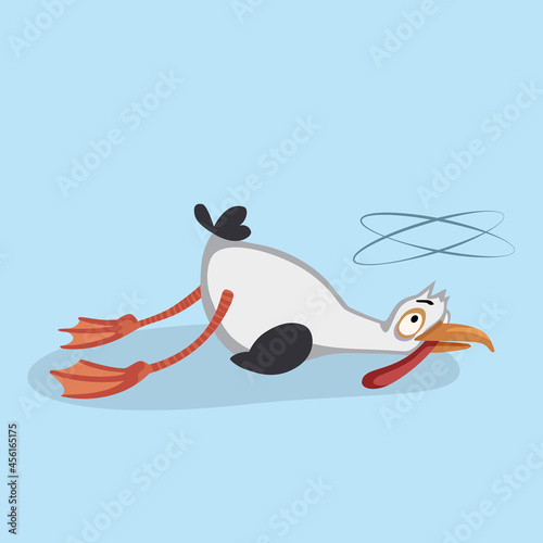 Сute seagull is tired lying dizzy character illustration