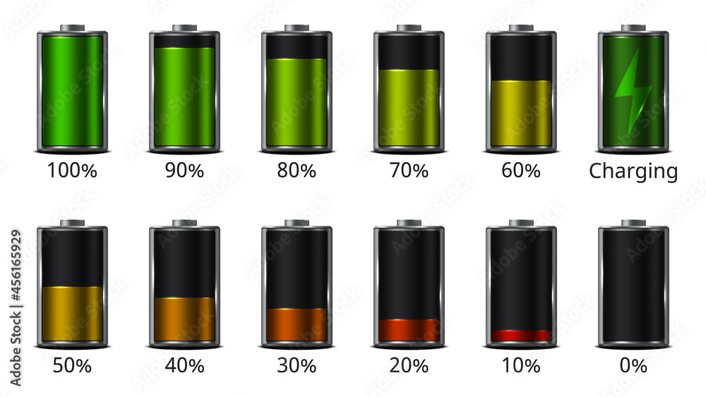 Set of battery charge level indicators. Objects are isolated on white background. Battery charging. Vector illustration.
Set of battery charge level indicators. Objects are isolated on white background. Battery charging. Vector illustration.