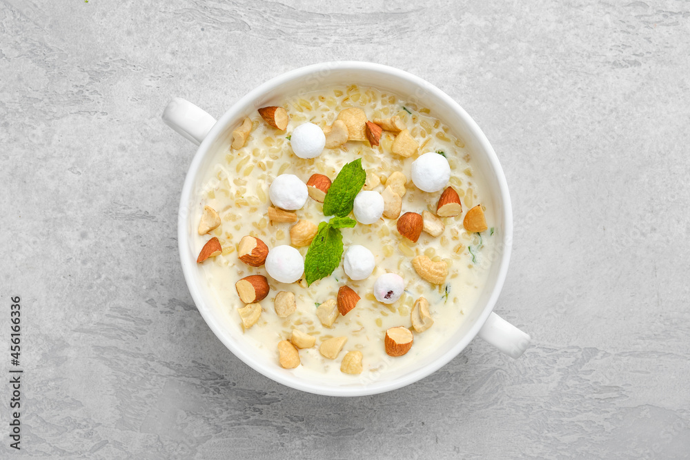 Overhead view of sweet bulgur porridge in a bowl.