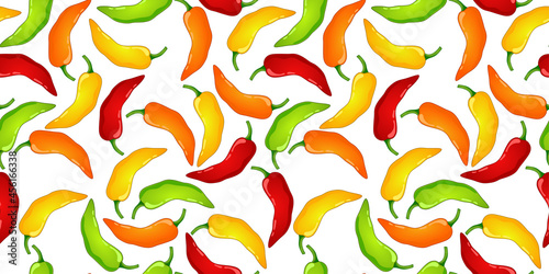 Red, Green, Yellow Pepper vector seamless pattern. Mexican chili spicy vegetable. Hot paprika texture.