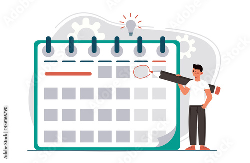 Manager planning event landing page in flat style. Man with pencil appointing date of event and making note in calendar. Vector illustration for schedule, agenda, time management
