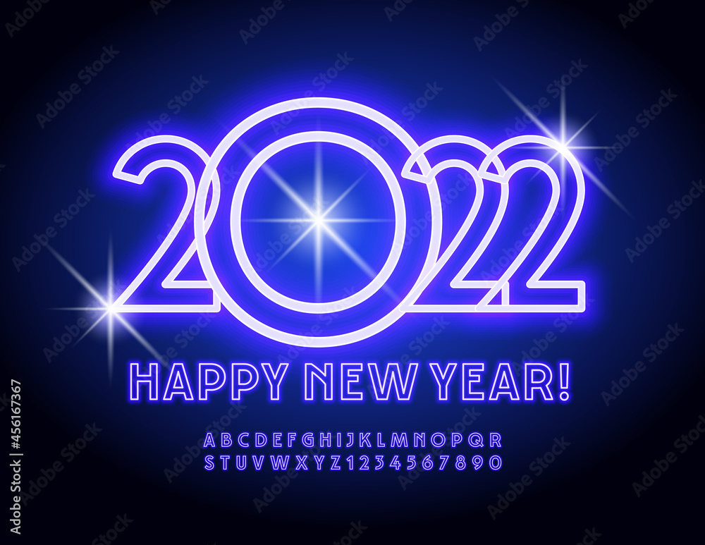 Vector glowing Greeting Card Happy New Year 2022! Electric illuminated Alphabet Letters and Numbers. Bright Neon Font. Vector glowing Greeting Card Happy New Year 2022! Electric illuminated Alphabet Letters and Numbers. Bright Neon Font.