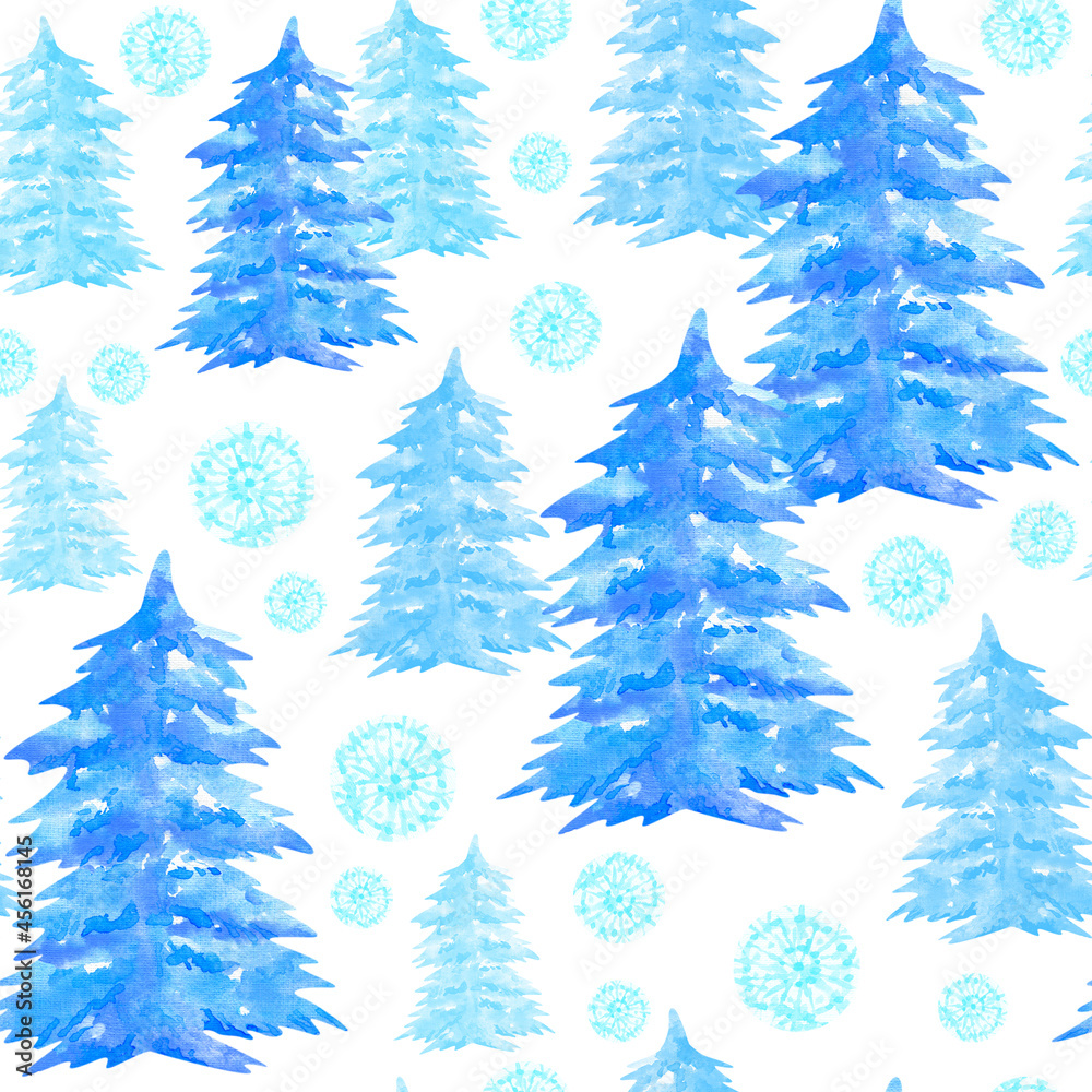 Blue fir trees and watercolor snowflakes on a white background. Coniferous trees seamless pattern. Winter Christmas print. 
