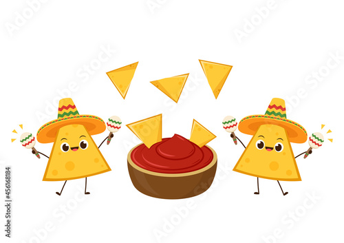 Nacho character design. Nachos on white background. Mexican hat. sauce cup vector.