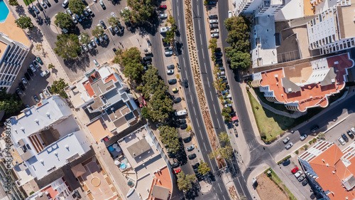 Aerial cityscape of houses and streets of Portugal cities. View from above., top view. Quarteira.