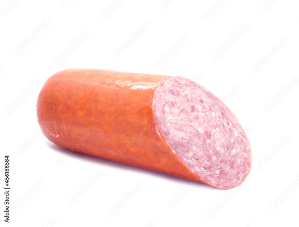 Semi-smoked sliced sausage with a shadow isolated on white background. Close-up. Semi-smoked sliced sausage with a shadow isolated on white background. Close-up.