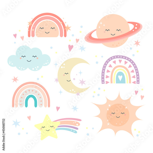 Cute Scandinavian style rainbow and sky objects for baby shower. Flat vector cartoon design