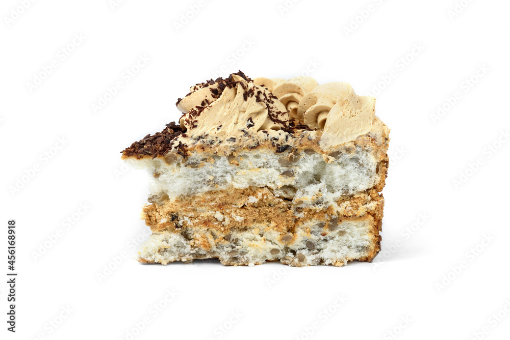 Slice of nut chocolate cake isolated over white background. Slice of nut chocolate cake isolated over white background.