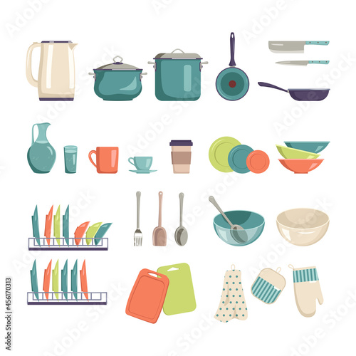 A set of kitchen utensils for cooking and eating. Bright and stylish items for home, cafe or restaurant