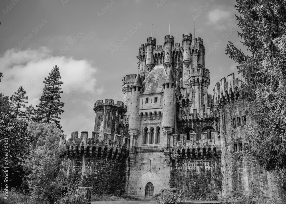 Neo-gothic castle from the middle ages surrounded by nature in black and white