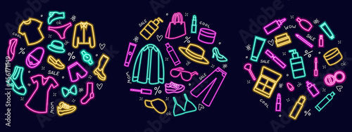 Neon icons of clothing and cosmetics set, discount banner, black Friday.
