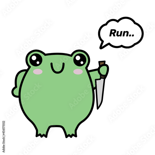 Frog with knife sticker. Emotion is evil, run. The phrase run. Angry frog stock illustration.