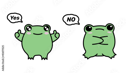 The frog says yes and no. Frog sticker with consent and rejection emotions. Vector illustration.