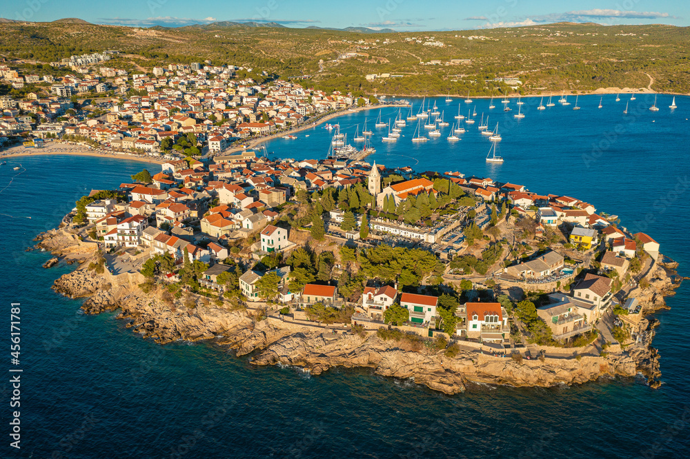 Aerial scene of Primosten town the coast of the Adriatic Sea, Croatia