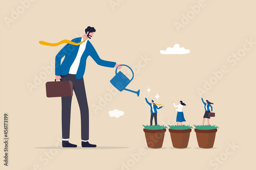 Photographie Talent development, career growth, training or coaching staff develop skill, employee improvement, HR human resources concept, businessman manager watering growth talented staff in grow seedling pot