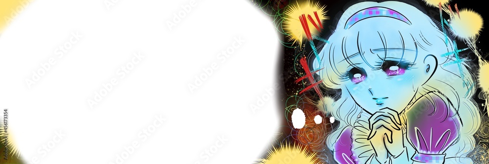 Fototapeta premium 70年代少女漫画ショックで顔面蒼白のお嬢様の祈りと吹き出し