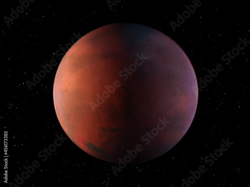 Terrestrial planet in red tones. Rocky alien planet in deep space. Mars-like exoplanet from another star system 3d illustration.