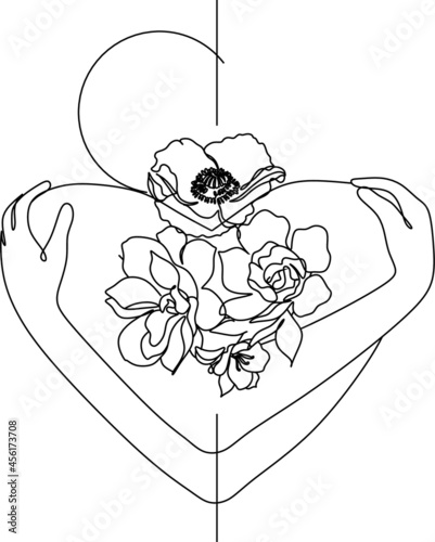 Love yourself. Love your body concept. Girl Healthcare Skincare. Take time for your self. Vector illustration. Woman hugging herself with flowers on white background. Line art drawing