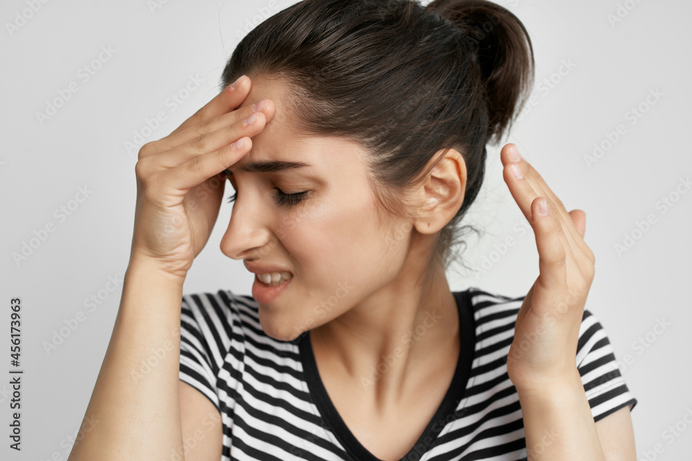 brunette headache painful syndrome discomfort isolated background brunette headache painful syndrome discomfort isolated background