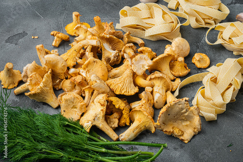 Ingredients for making italian pasta with mushrooms chanterelles, on gray stone table background