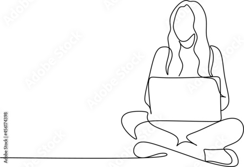 one line drawing of a woman sitting with laptop computer. Young female in glasses using laptop, communicates on internet with customer in home, reusable coffee tea mug 