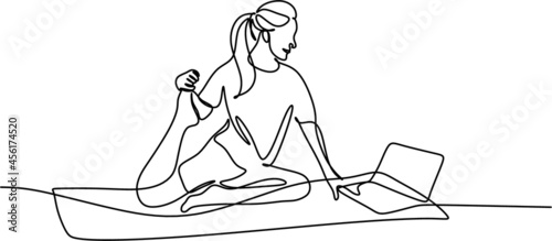 one line drawing of a woman sitting with laptop computer. Young female in glasses using laptop, communicates on internet with customer in home, reusable coffee tea mug 