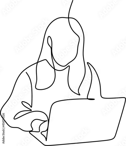 one line drawing of a woman sitting with laptop computer. Young female in glasses using laptop, communicates on internet with customer in home, reusable coffee tea mug 