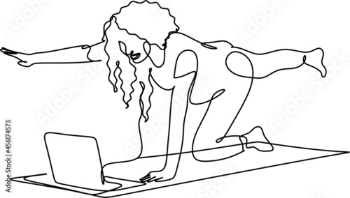 one line drawing of a woman sitting with laptop computer. Young female in glasses using laptop, communicates on internet with customer in home, reusable coffee tea mug 
