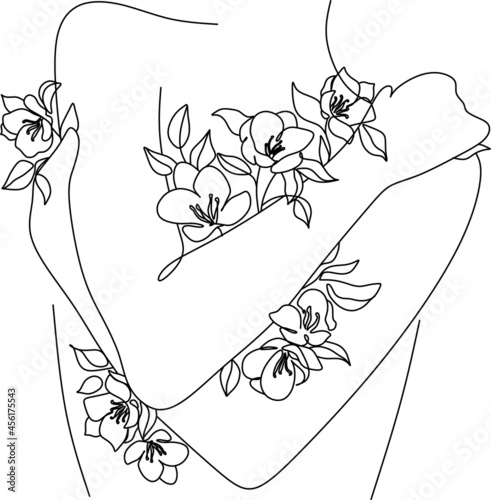 Love yourself. Love your body concept. Girl Healthcare Skincare. Take time for your self. Vector illustration. Woman hugging herself with flowers on white background. Line art drawing